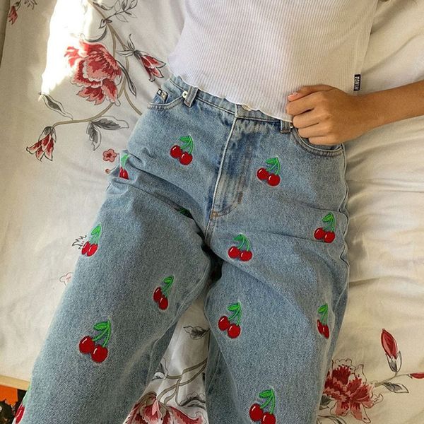 

style y2k cherry embroidered blue for the casual sweet women straight harajuku jeans girls long brim pants bottom