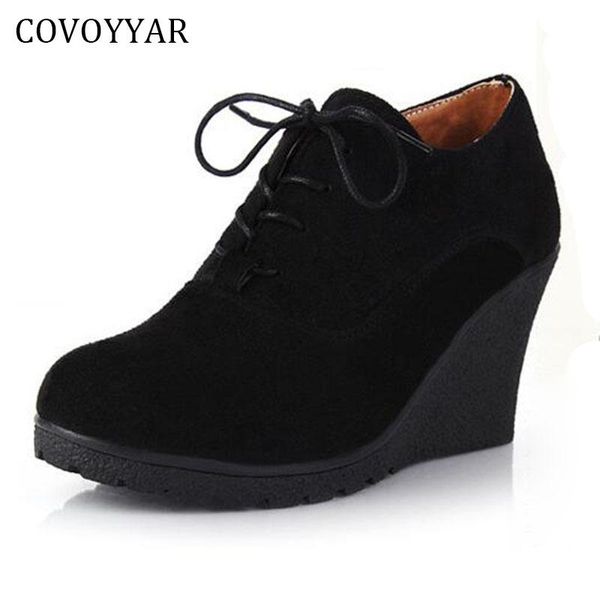 

dress shoes covoyyar 2021 wedge women flock lace up comfort pumps platform high heels spring fall solid ankle boots oxford whh20, Black