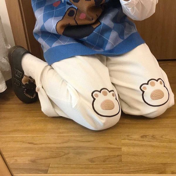 

korea ulzzang japanese cute casual vintage fashion sweet bear trousers loose women kawaii harajuku womens pants 210608, Black;white