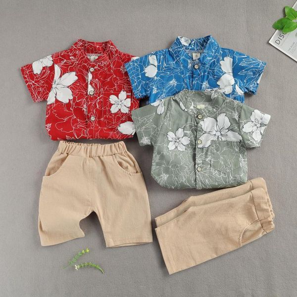

clothing sets 1-5years toddler kids baby boys summer clothes short sleeve flower print shirt solid color shorts 2pcs outfits set, White