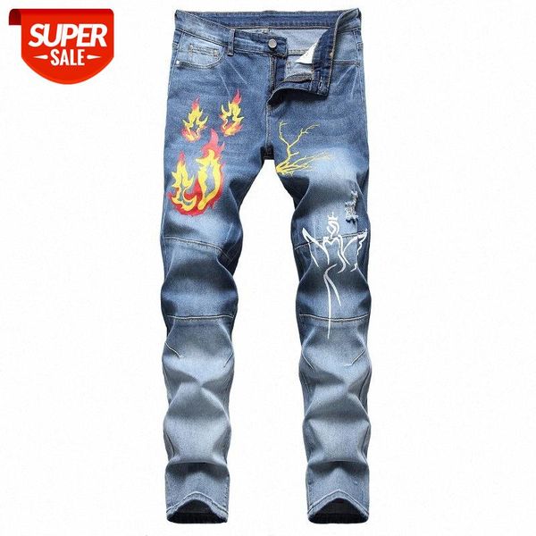 

european and american jeans print stretch light color trendy men's trousers #au4y, Blue