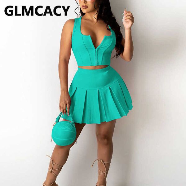 

two piece sweet dress suits sleeveless crop & pleated mini skirt set 210702, White