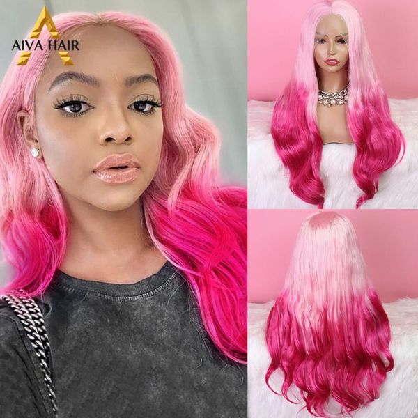 

synthetic wigs aiva heat resistant lace front wig glueless body wave ombre pink cosplay half black white for women