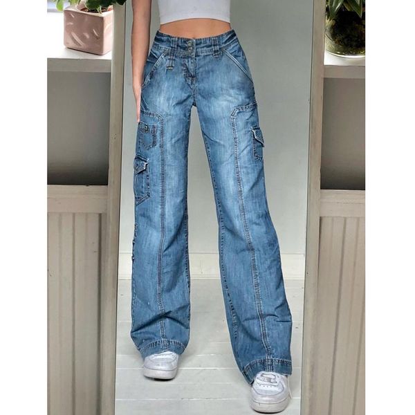 

women's jeans hirigin 2021 fashion for women loose style blue solid color high waist wide-leg trousers with pockets
