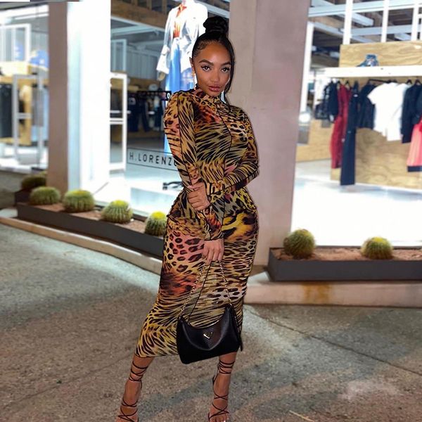 

2021mesh farbic leopard pattern print maxi dresses for women see through ruffle skinny attractive clubwear party clothing, Black;gray