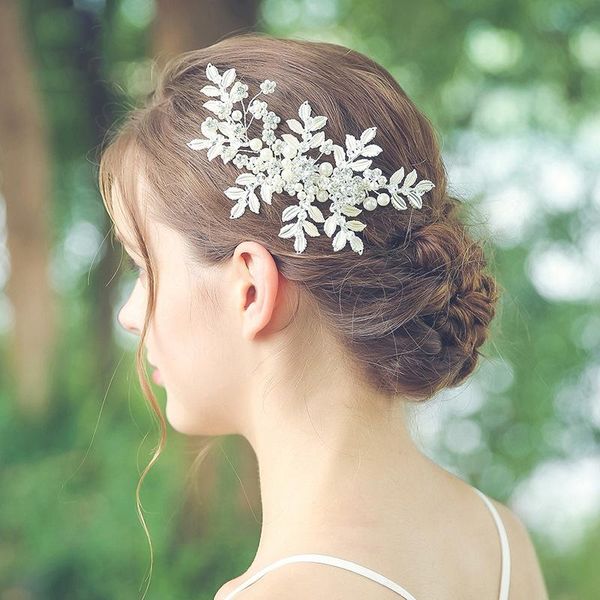 

hair clips & barrettes silver color leaf pearl clip for women wedding accessories rhinestone headband bride tiara jewelry, Golden;silver