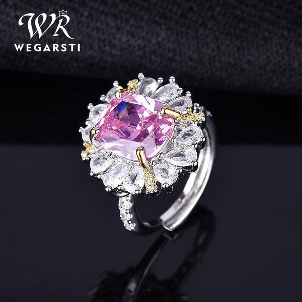 

cluster rings wegarsti 925 sterling silver romantic flower with pink cubic zircon finger for women wedding fine jewelry resizable, Golden;silver