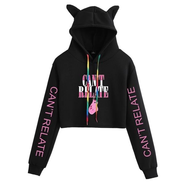 

internet red jeffrey star fashion cat ears exposed navel hooded sweater girl, Black