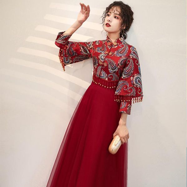 

chinese traditional style embroidery tassel wedding celebrity vintage bridesmaid formal banquet host elegant noble party-dress ethnic clothi, Red