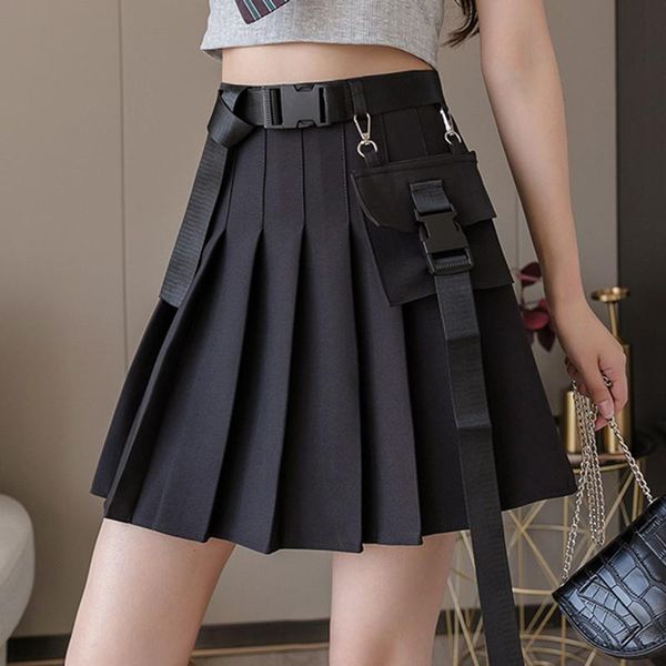 

skirts fashion women tooling solid colors harajuku a-line pleated skirt high waist streetwear pocket mini faldas femininas#g3, Black