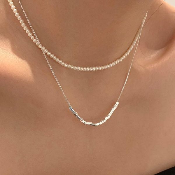 

chains light luxury niche simple geometric square stitching necklace female temperament cold wind clavicle chain jewelry, Silver