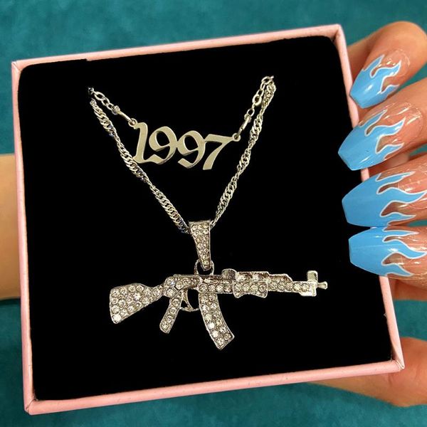 

trendy crystal gun pendant necklace vintage multilayer silver color numbertwisted chain necklaces punk jewelry gifts chains