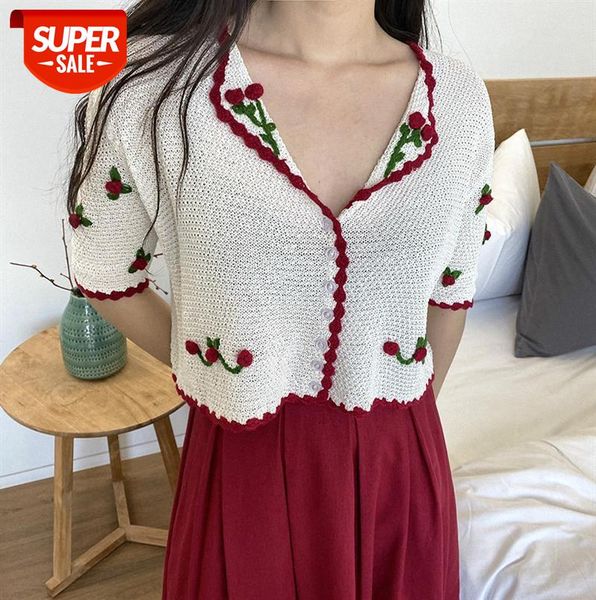 

[scheduled] flower-shaped pom-pom, deep v neckline, open collar, no tightness, cute flower berry embroidery cardigan #lm8o, Black