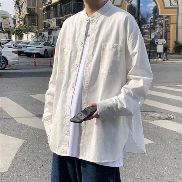 

men's casual shirts autumn cotton stand collar shirt fashion society mens dress korean loose long-sleeved men -5xl, White;black
