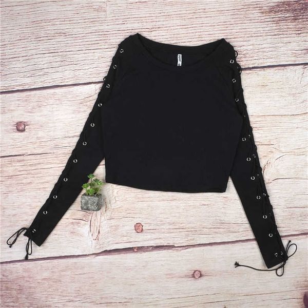 

women's blouses & shirts fashion women long sleeve casual crop bandage hollow out lace up slim tee blouse autumn spring black short w, White