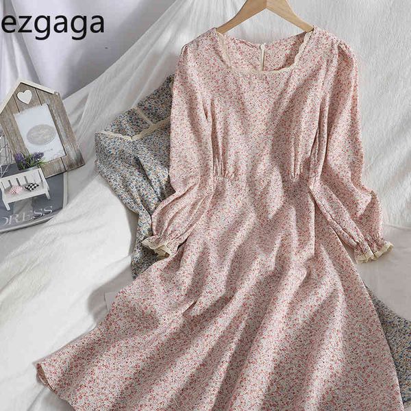 

ezgaga floral printed dress women sweet lace square collar puff sleeve all-match slim high waist elegant dress vestidos feminino 210430, Black;gray