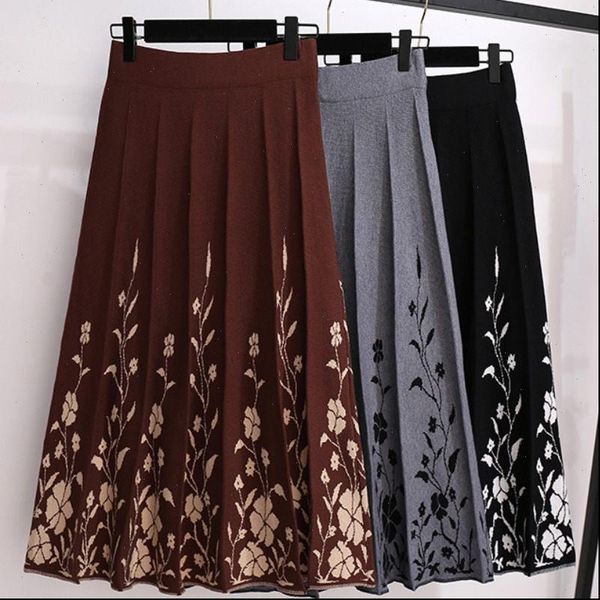 

retro plus size knitted womens skirt floral midi autumn winter high waist fashion elegant pleated korean saia y784, Black