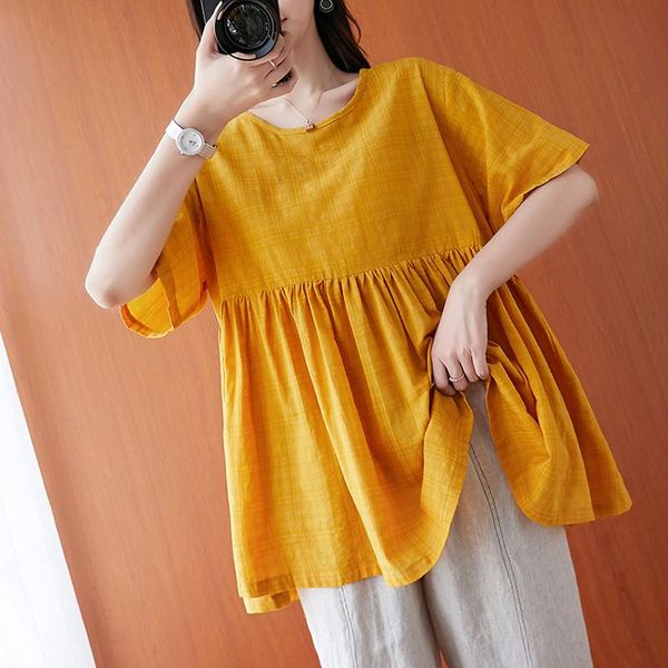 

women's t-shirt bohemia 2021summer women short sleeve o-neck plus size vintage loose casual solid color cotton high quality, White