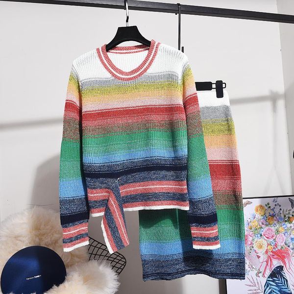 

two piece dress autumn rainbow striped knitted women sets 2021 fall o-neck loose pullover sweater + high waist skirt set tide, White