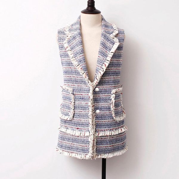 

blue striped jacket sleeveless 2021 spring / autumn winter women's tweed female ladies knitted tassel jackets, Black;brown