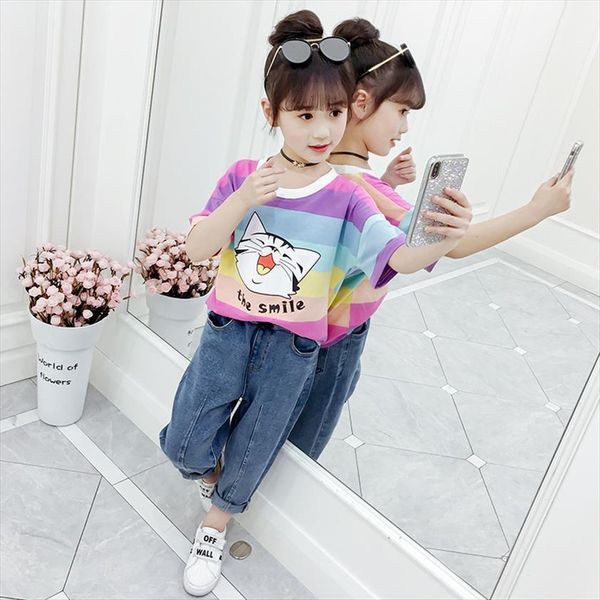 

kids girls t shirt summer cute purple yellow striped teens girl children tees 4 5 6 7 8 9, Blue