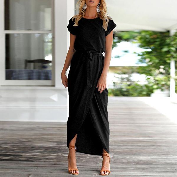 

casual dresses elegant vintage boho long maxi dress women summer solid color sundress female short-sleeved waistband o-neck irregular, Black;gray