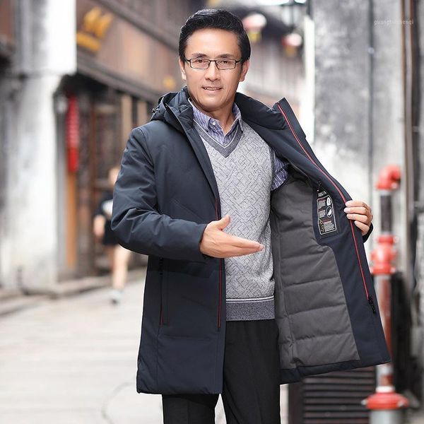 

men's down & parkas winter white duck hooded jacket middle-aged and elderly casual warm quality mid-length men, Black