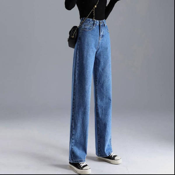

loose high waist straight womens jean pants solid color wide legs retro denim trousers thin section, Blue