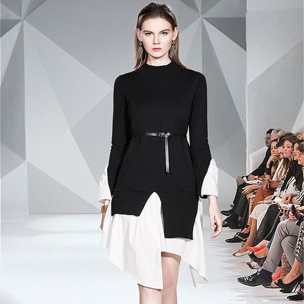 

dresses autumn fashion knitted patchwork sweater for women o neck long sleeve high waist irregular hem one-piece es with belt, Black;gray