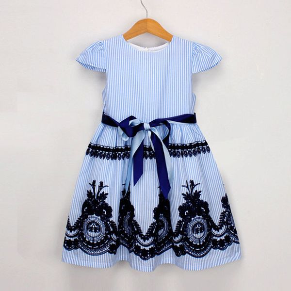 

summer baby girls short sleeve stripe embroider dresses kids baby girl princess dress clothing kids casual girls dress, Blue