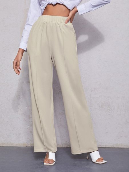 

high waist seam detail wide leg pants b3r8#, Black;white