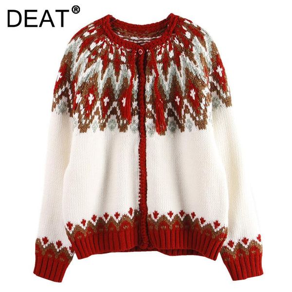 

women's knits & tees [deat] 2021 autumn winter fashion tide single-breasted long sleeve round neck jacquard wool knitting sweater women, White