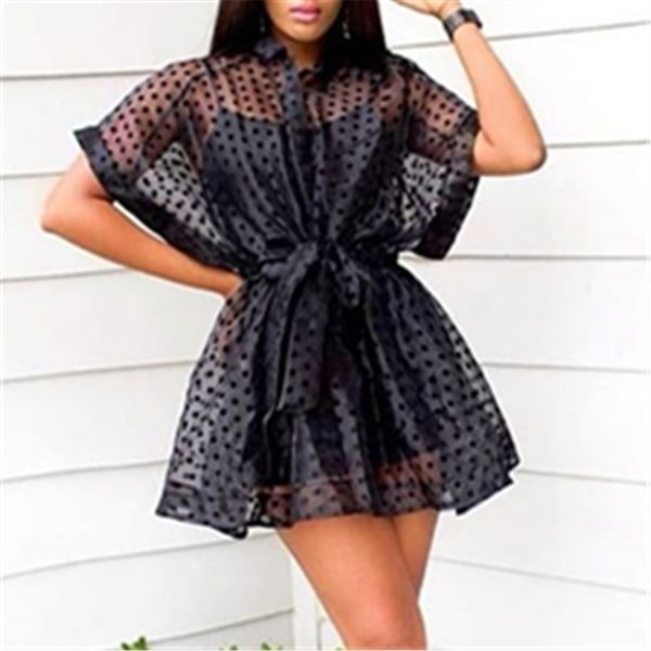 Preto dois pedaços definir transparente mini camisa solta vestido espaguete cinta camisole polka dot ver através com faixas mulheres sexy 210416