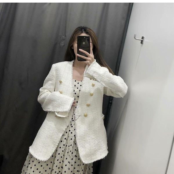 

women's jackets twill 2021 autumn tweed loose double breasted woolen coat ladies white small suit women jacket v neck tassel, Black;brown