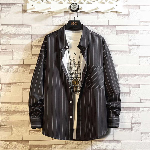 

men's polos brand spring autumn long sleeves black white collar korea style striped shirt for clothes 2vfn, White;black