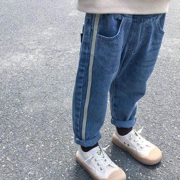 

jeans children's spring autumn baby girls and boys korean denim pants kids elastic waist fashion striped trousers, Blue