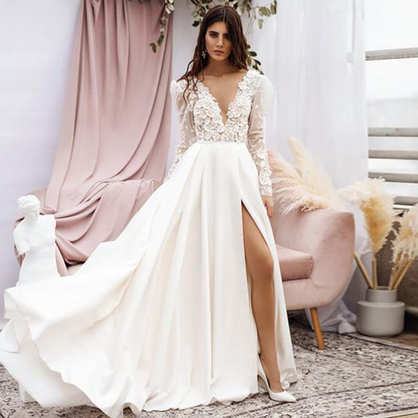

other wedding dresses v neck long sleeves chiffon dress lace appliuque front split boho robe mariage, White