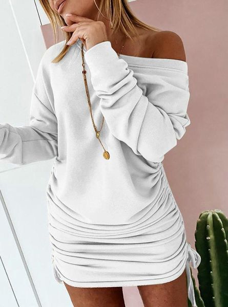 

casual dresses autumn winter women's solid jumper side pleated drawstring bodycon long sleeve mini shirt dress, Black;gray