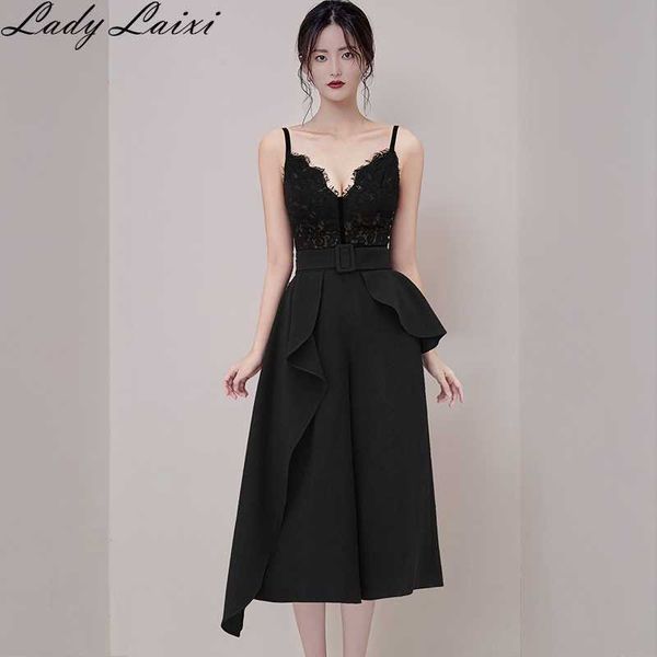 

summer runway elegant vintage lace patchwork party dresses women v-neck spaghetti strap ruffles dress 210529, Black;gray