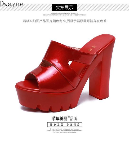 

slippers 2021 leather ultra-high heel waterproof platform fish mouth cool women summer wear large size thick, Black