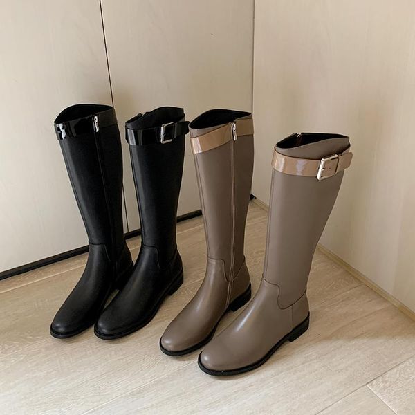 

boots 2021 winter riding genuine leather sewing fasteners round toe low heel slip on leisure fashion thigh high 102, Black