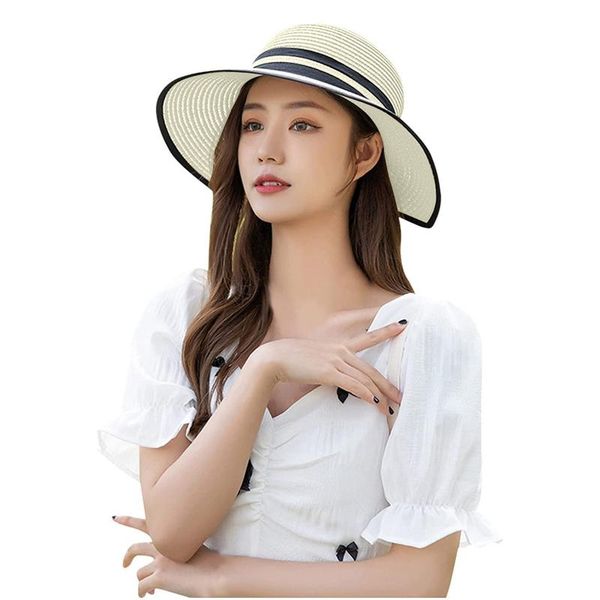 

wide brim hats 2021 ladies straw sunshade caps solid striped bowknot outdoor uv protection gorras para mujer, Blue;gray