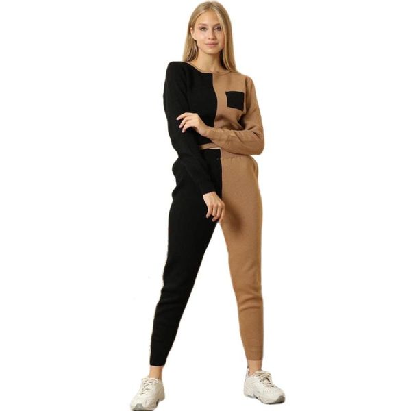 

ethnic clothing 2 piece women's sports set dual colored sweater and pant sportive novelty suit color knitted patterned  o-neck, Red