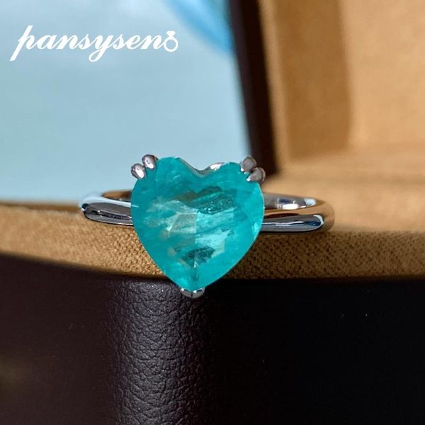 

cluster rings pansysen 925 sterling silver 7.5ct heart paraiba tourmaline gemstone women wedding cocktail party fine jewelry wholesale, Golden;silver