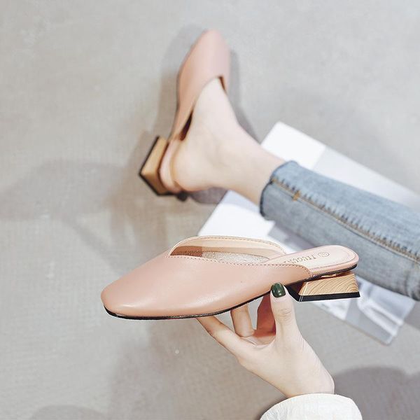 

slippers 2021vintage thick low wood heels square toe mules woman slip on solid shoes women cover femme pantoufles size 34-43, Black