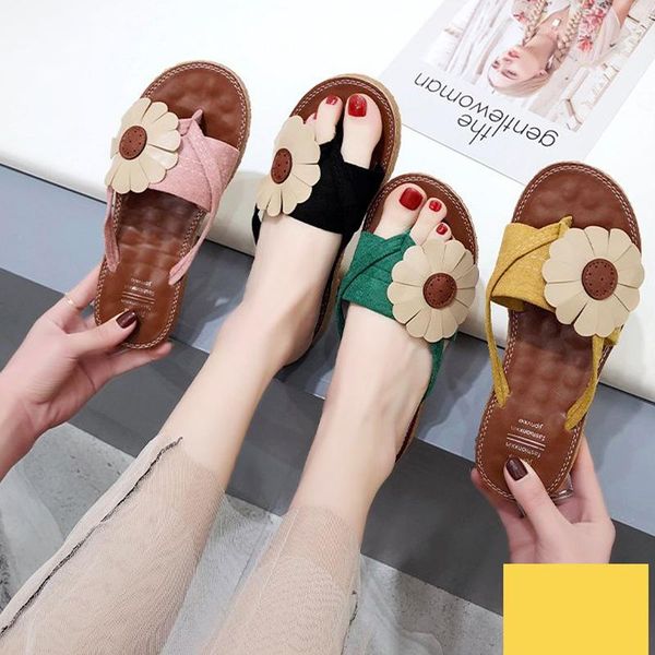 

the soft bottom pregnant woman flowers slippers with clip flat wear outside beach shoes, fashionable joker, Black