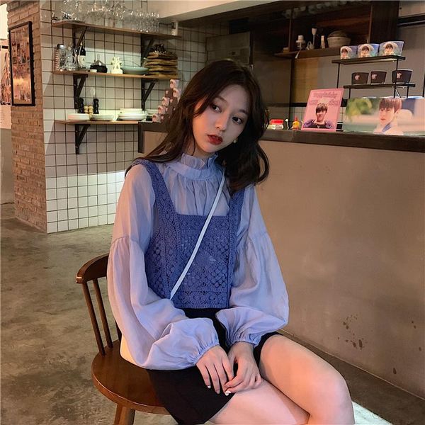 

spring autumn female shirt sweet korean style long sleeve blouse hook flower camis vest two piece set women's clothing blouses & shirt, White