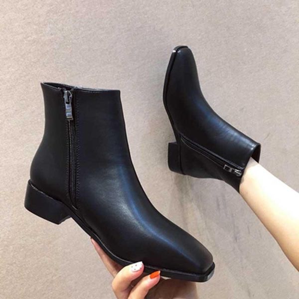 

boots women 2021 autumn ankle for thin heel zipper casual female shoes leather botas mujer, Black