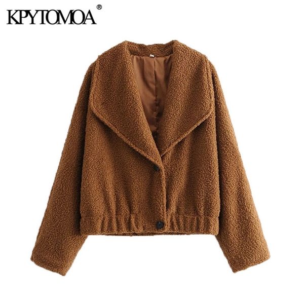 

women fashion faux fur loose cozy jacket coat vintage long sleeve elastic hem female outerwear chic teddy overcoat 210421, Black;brown