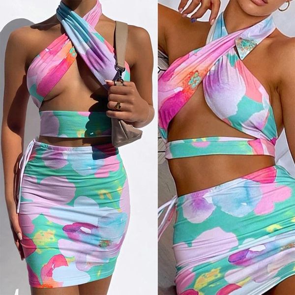 

women's swimwear brazilian bikini 2021 beachwear printed cross halter neck bag hip casual two-piece suit tankini bathing, White;black